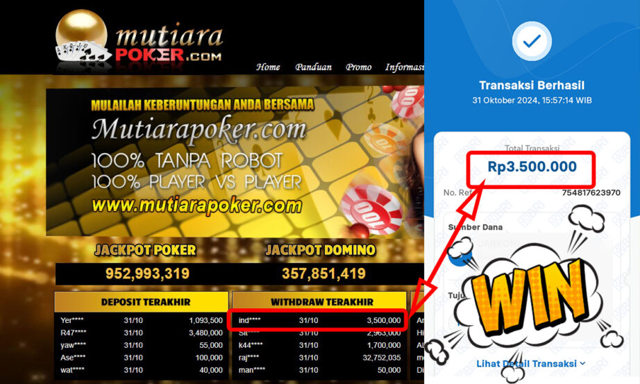 Bukti Withdraw ( 3,500,000,-) Member Setia Mutiarapoker