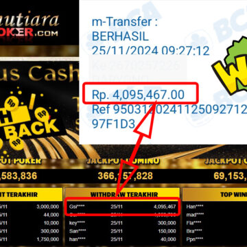 Bukti Withdraw ( 4,095,467,-) Member Setia Mutiarapoker