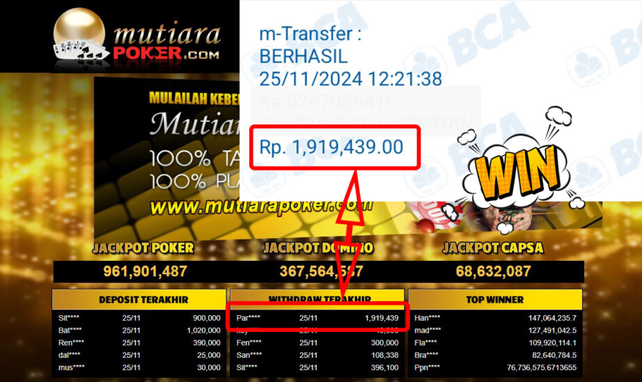 Bukti Withdraw ( 1,919,439,-) Member Setia Mutiarapoker