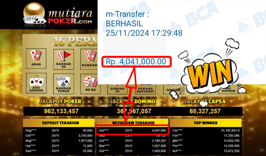 Bukti Withdraw ( 4,041,000,-) Member Setia Mutiarapoker