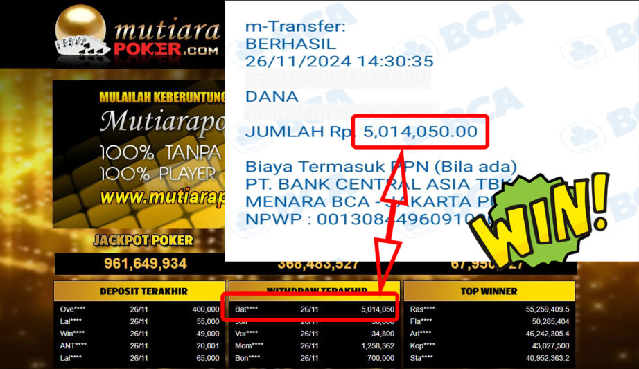 Bukti Withdraw ( 5,014,050,-) Member Setia Mutiarapoker