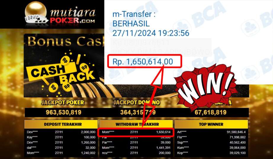 Bukti Withdraw ( 1,650,614,-) Member Setia Mutiarapoker