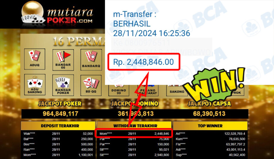 Bukti Withdraw ( 2,448,846,-) Member Setia Mutiarapoker