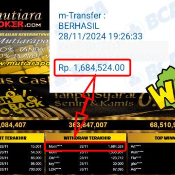 Bukti Withdraw ( 1,684,524,-) Member Setia Mutiarapoker