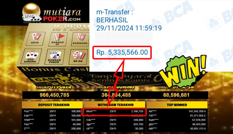 Bukti Withdraw ( 5,335,566,-) Member Setia Mutiarapoker