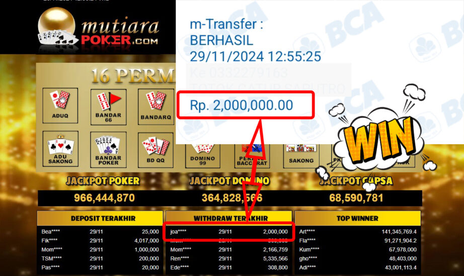 Bukti Withdraw ( 2,000,000,-) Member Setia Mutiarapoker