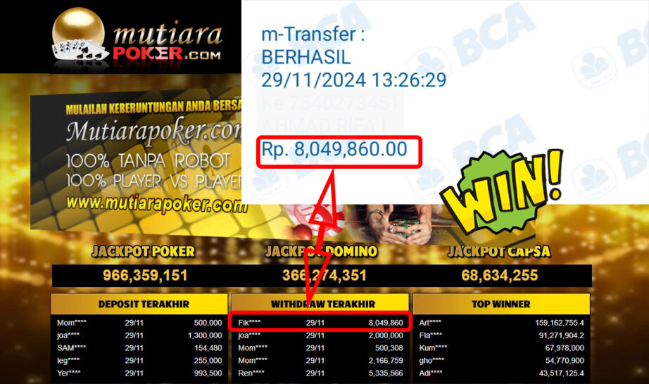 Bukti Withdraw ( 8,049,860,-) Member Setia Mutiarapoker