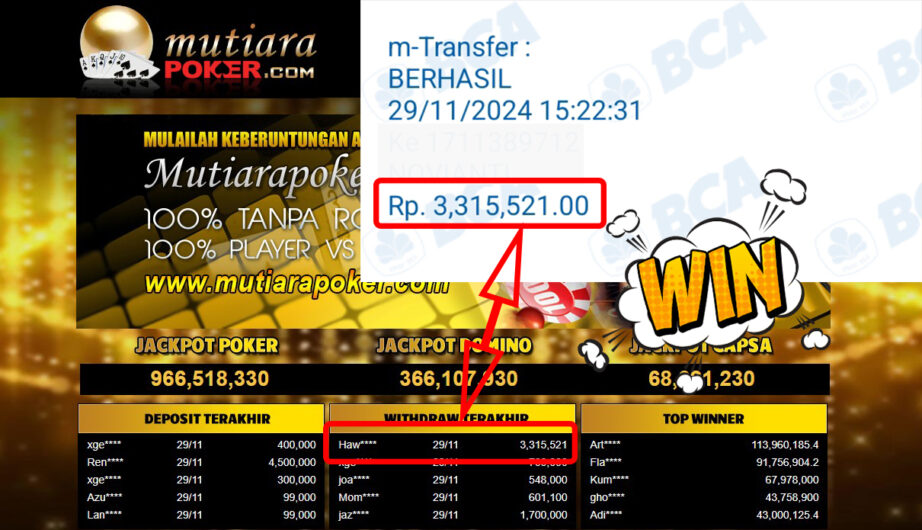 Bukti Withdraw ( 3,315,521,-) Member Setia Mutiarapoker