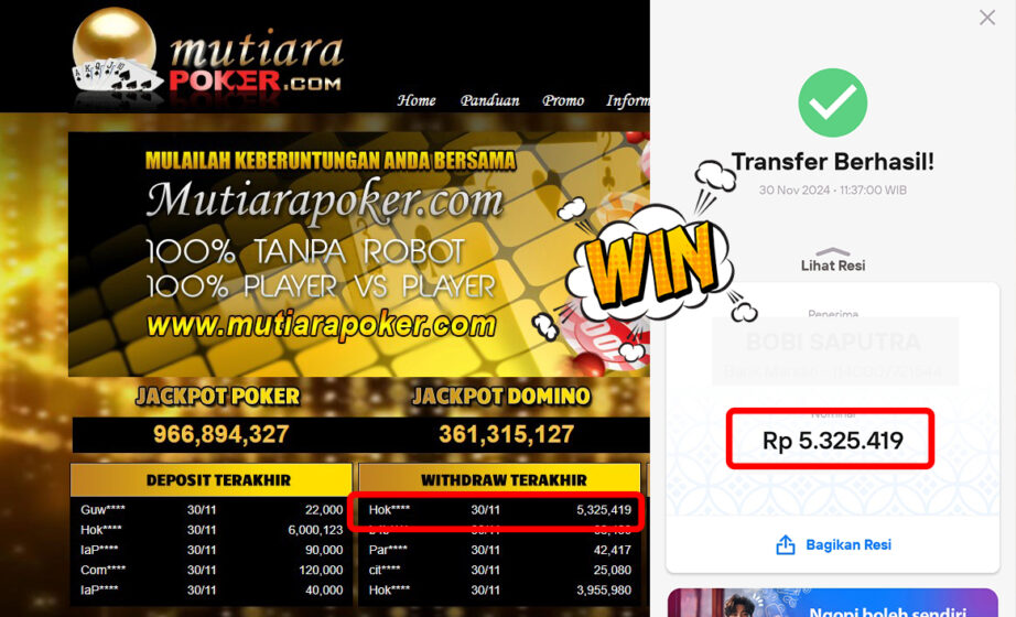 Bukti Withdraw ( 5,325,419,-) Member Setia Mutiarapoker