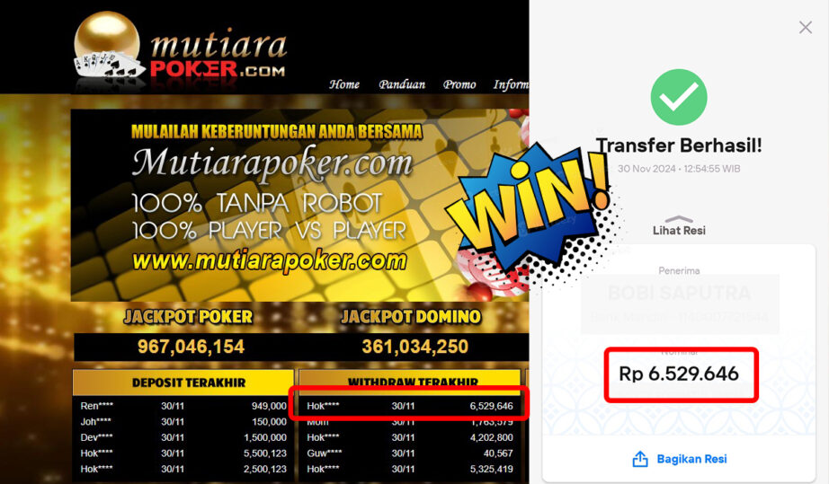 Bukti Withdraw ( 6,529,646,-) Member Setia Mutiarapoker