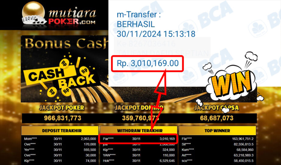 Bukti Withdraw ( 3,010,169,-) Member Setia Mutiarapoker