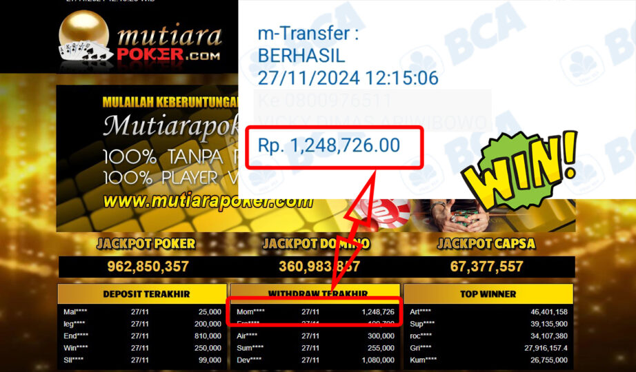 Bukti Withdraw ( 1,248,726,-) Member Setia Mutiarapoker