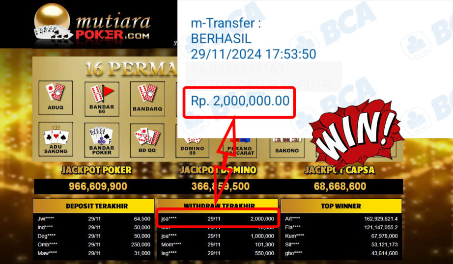 Bukti Withdraw ( 2,000,000,-) Member Setia Mutiarapoker