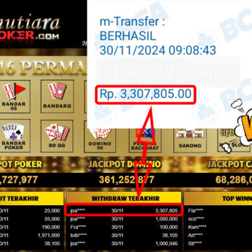 Bukti Withdraw ( 3,307,805,-) Member Setia Mutiarapoker