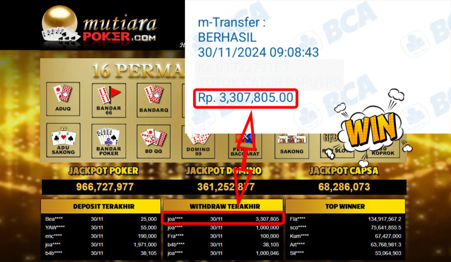 Bukti Withdraw ( 3,307,805,-) Member Setia Mutiarapoker