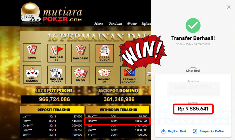 Bukti Withdraw ( 9,885,641,-) Member Setia Mutiarapoker