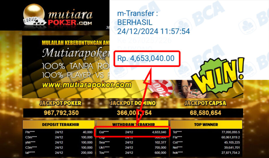 Bukti Withdraw ( 4,653,040,-) Member Setia Mutiarapoker