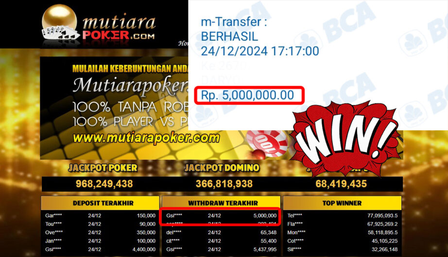 Bukti Withdraw ( 5,000,000,-) Member Setia Mutiarapoker