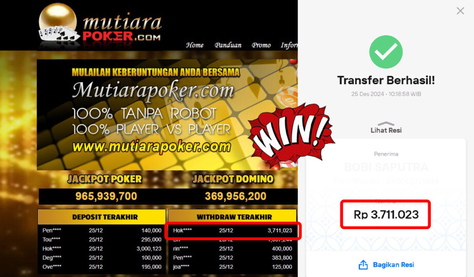 Bukti Withdraw ( 3,711,023,-) Member Setia Mutiarapoker