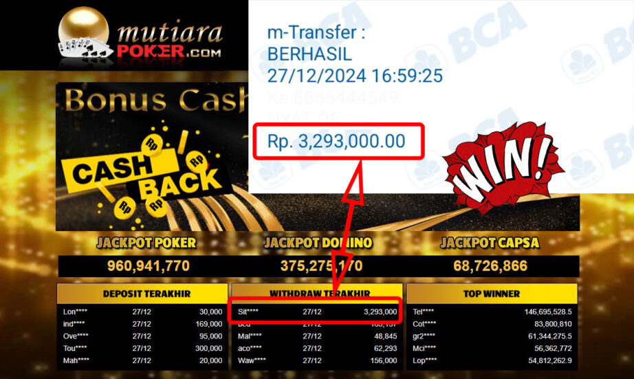 Bukti Withdraw ( 3,293,000,-) Member Setia Mutiarapoker