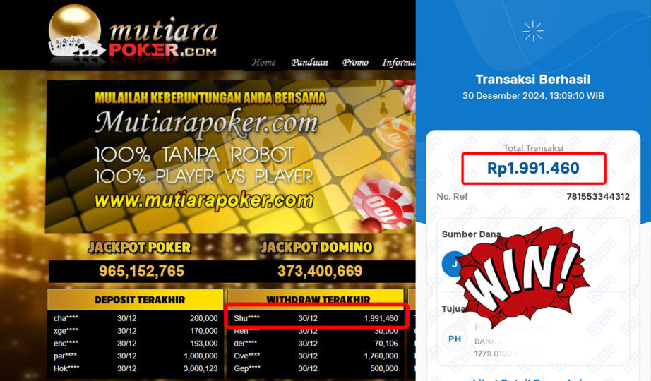 Bukti Withdraw ( 1,991,460,-) Member Setia Mutiarapoker