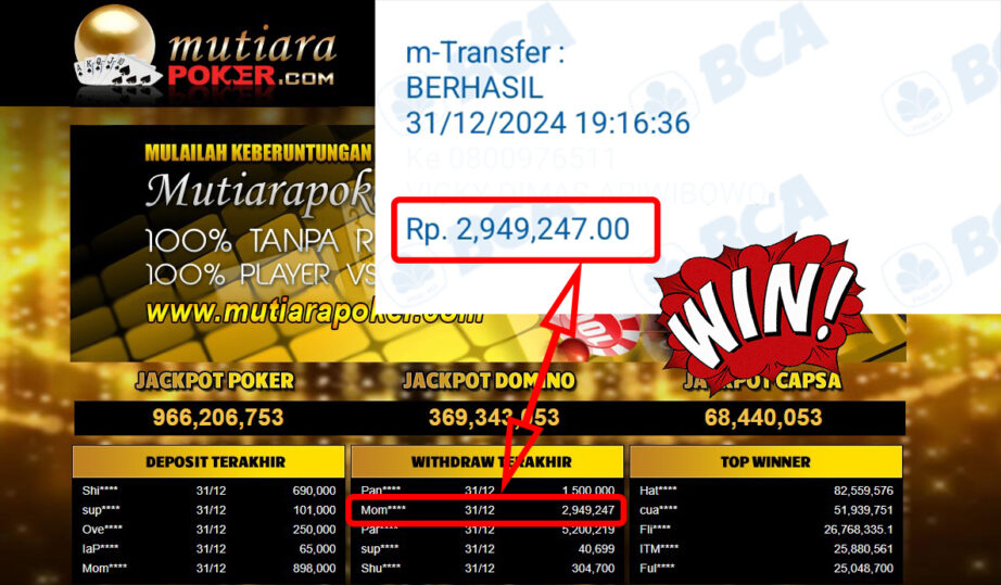 Bukti Withdraw ( 2,949,247,-) Member Setia Mutiarapoker