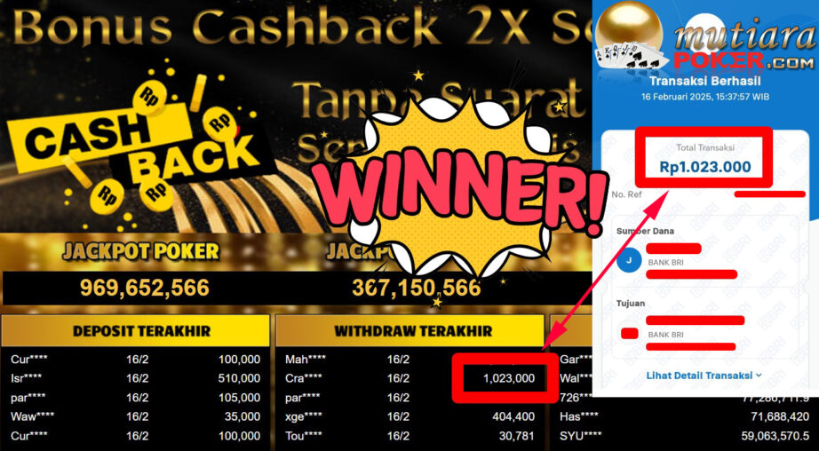 Bukti Withdraw ( 1.023.000,-) Member Setia Mutiarapoker