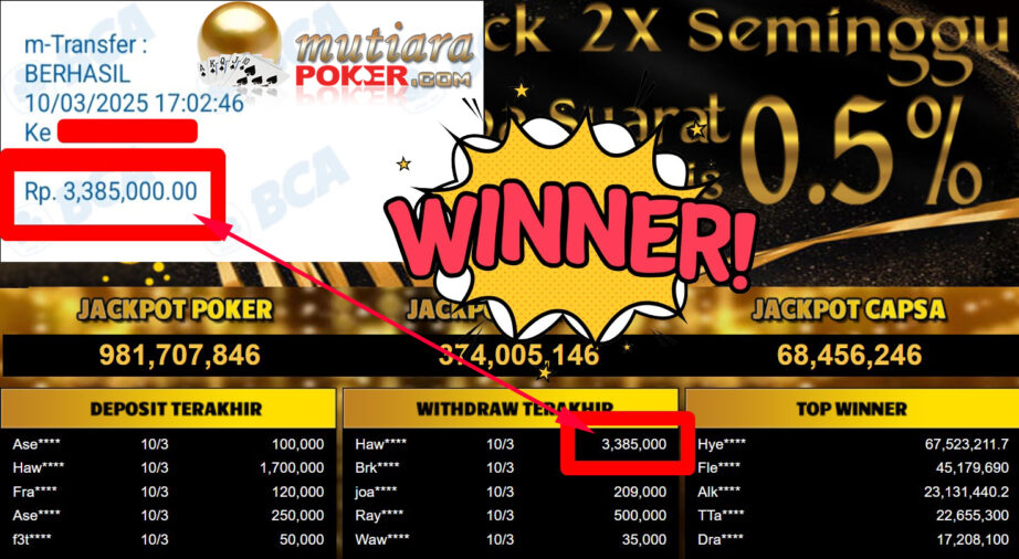 Bukti Withdraw ( 3.385.000,-) Member Setia Mutiarapoker