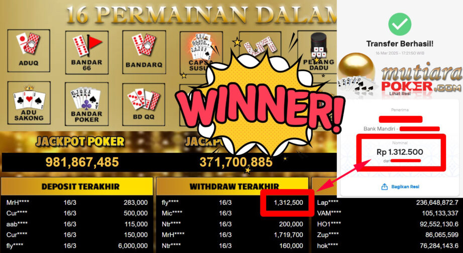 Bukti Withdraw ( 1.312.500,-) Member Setia Mutiarapoker