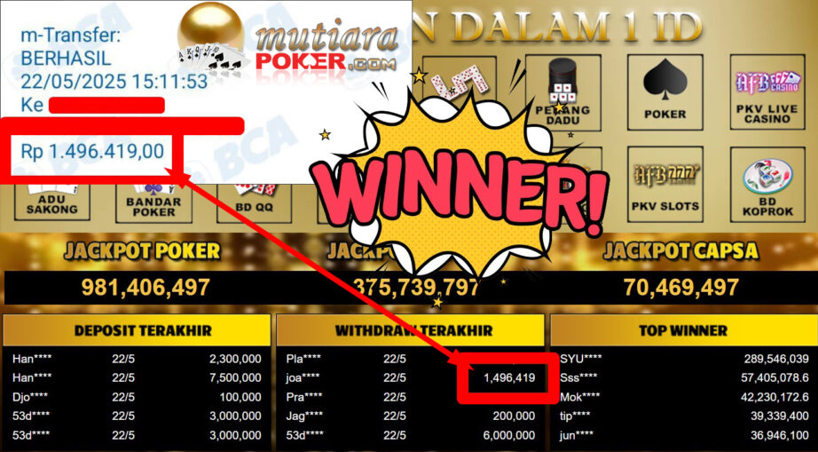 Bukti Withdraw ( 1.496.419,- ) Member Setia Mutiarapoker