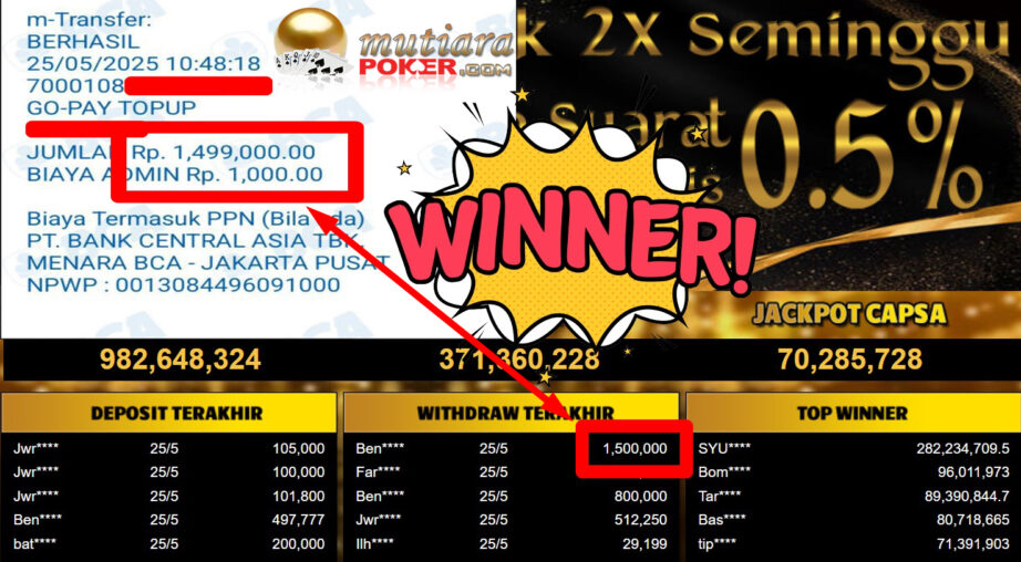 Bukti Withdraw ( 1.500.000,- ) Member Setia Mutiarapoker