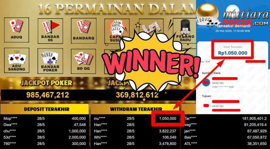 Bukti Withdraw ( 1.050.000,- ) Member Setia Mutiarapoker