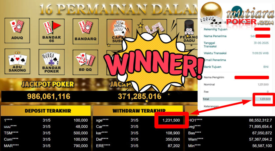 Bukti Withdraw ( 1.231.500,- ) Member Setia Mutiarapoker