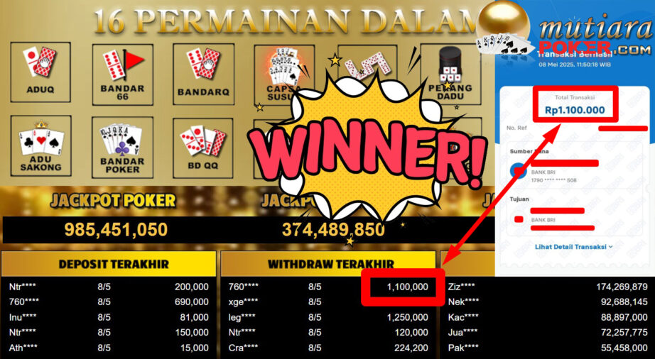 Bukti Withdraw ( 1.100.000,- ) Member Setia Mutiarapoker