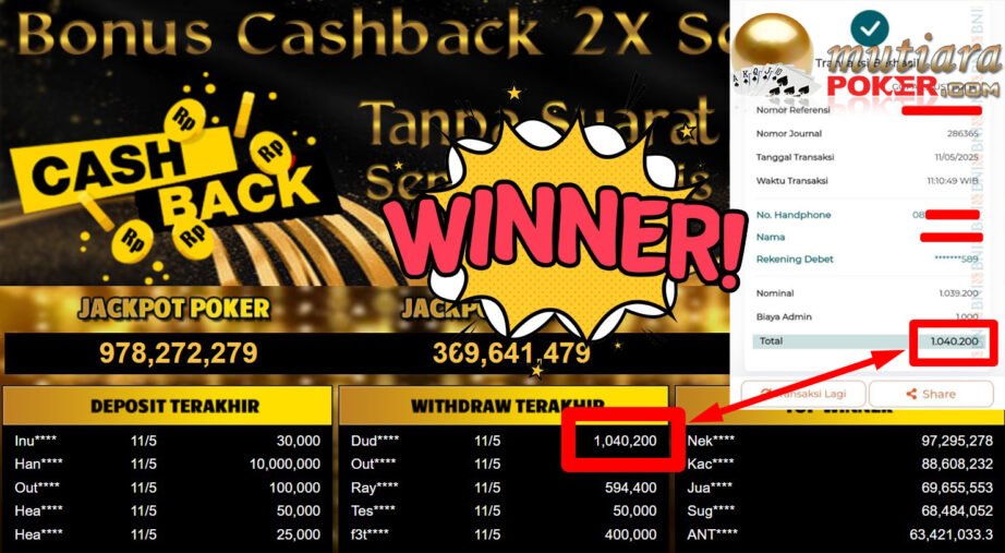 Bukti Withdraw ( 1.040.200,- ) Member Setia Mutiarapoker