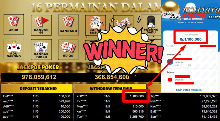 Bukti Withdraw ( 1.100.000,- ) Member Setia Mutiarapoker