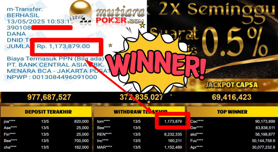 Bukti Withdraw ( 1.173.879,-) Member Setia Mutiarapoker