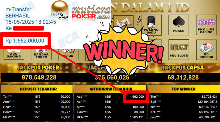 Bukti Withdraw ( 1.662.000,- ) Member Setia Mutiarapoker