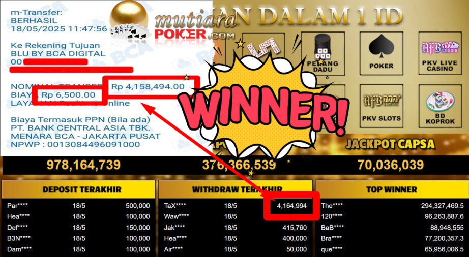 Bukti Withdraw ( 4.164.994,- ) Member Setia Mutiarapoker