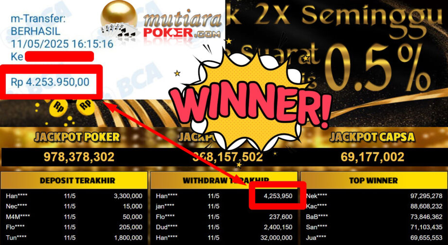 Bukti Withdraw ( 4.253.950,- ) Member Setia Mutiarapoker