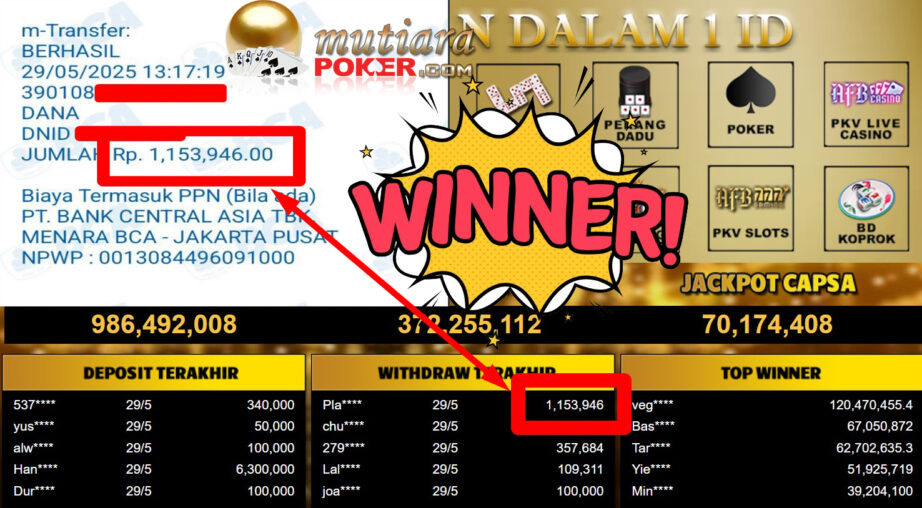 Bukti Withdraw ( 1.153.946,- ) Member Setia Mutiarapoker
