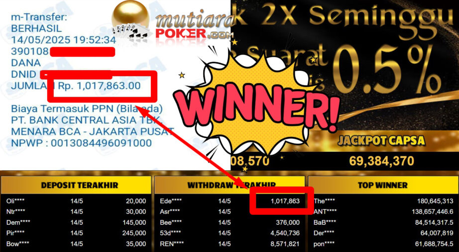 Bukti Withdraw ( 1.017.863,- ) Member Setia Mutiarapoker
