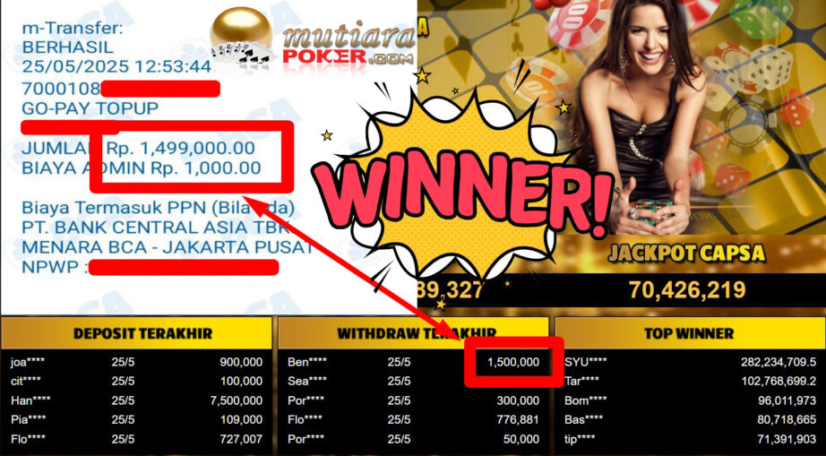 Bukti Withdraw ( 1.500.000,- ) Member Setia Mutiarapoker