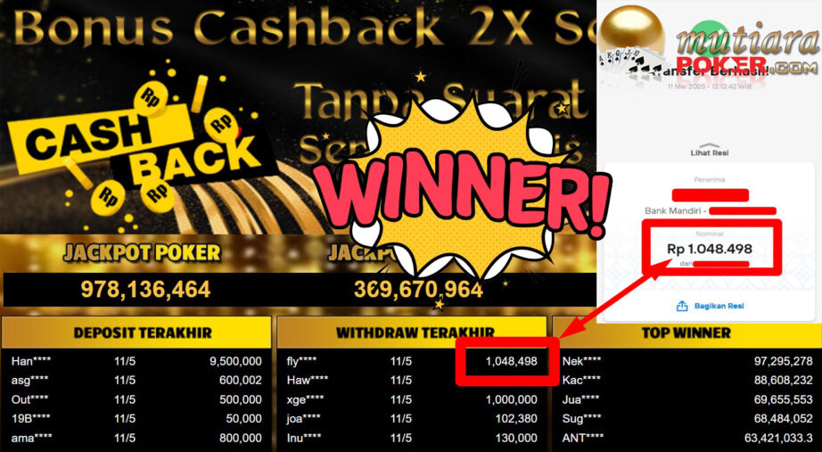 Bukti Withdraw ( 1.048.498,- ) Member Setia Mutiarapoker