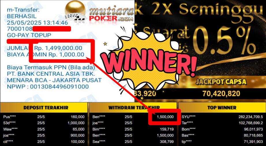 Bukti Withdraw ( 1.500.000,- ) Member Setia Mutiarapoker
