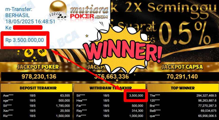 Bukti Withdraw ( 3.500.000,- ) Member Setia Mutiarapoker
