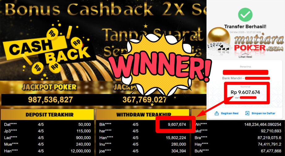 Bukti Withdraw ( 9.607.674,-) Member Setia Mutiarapoker