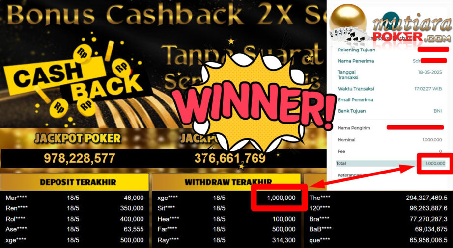 Bukti Withdraw ( 1.000.000,- ) Member Setia Mutiarapoker