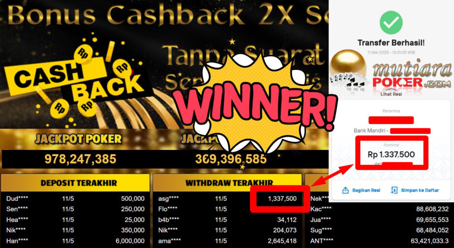 Bukti Withdraw ( 1.337.500,- ) Member Setia Mutiarapoker