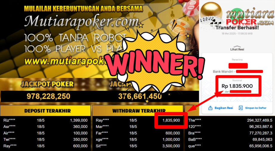 Bukti Withdraw ( 1.835.900,- ) Member Setia Mutiarapoker